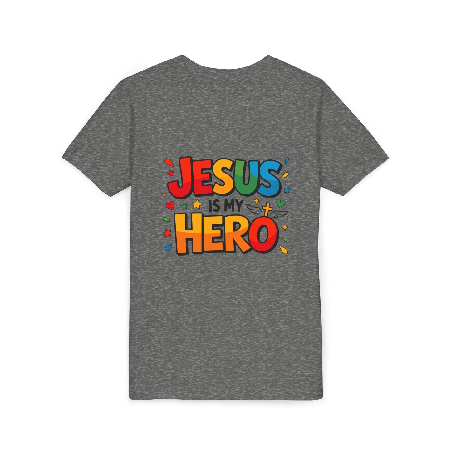 Youth Tee — "Jesus Is My Hero" Colorful Kids Christian T-Shirt