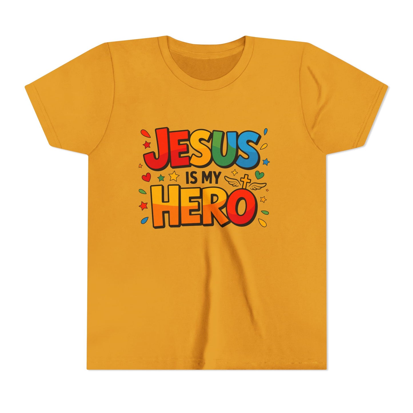 Youth Tee — "Jesus Is My Hero" Colorful Kids Christian T-Shirt