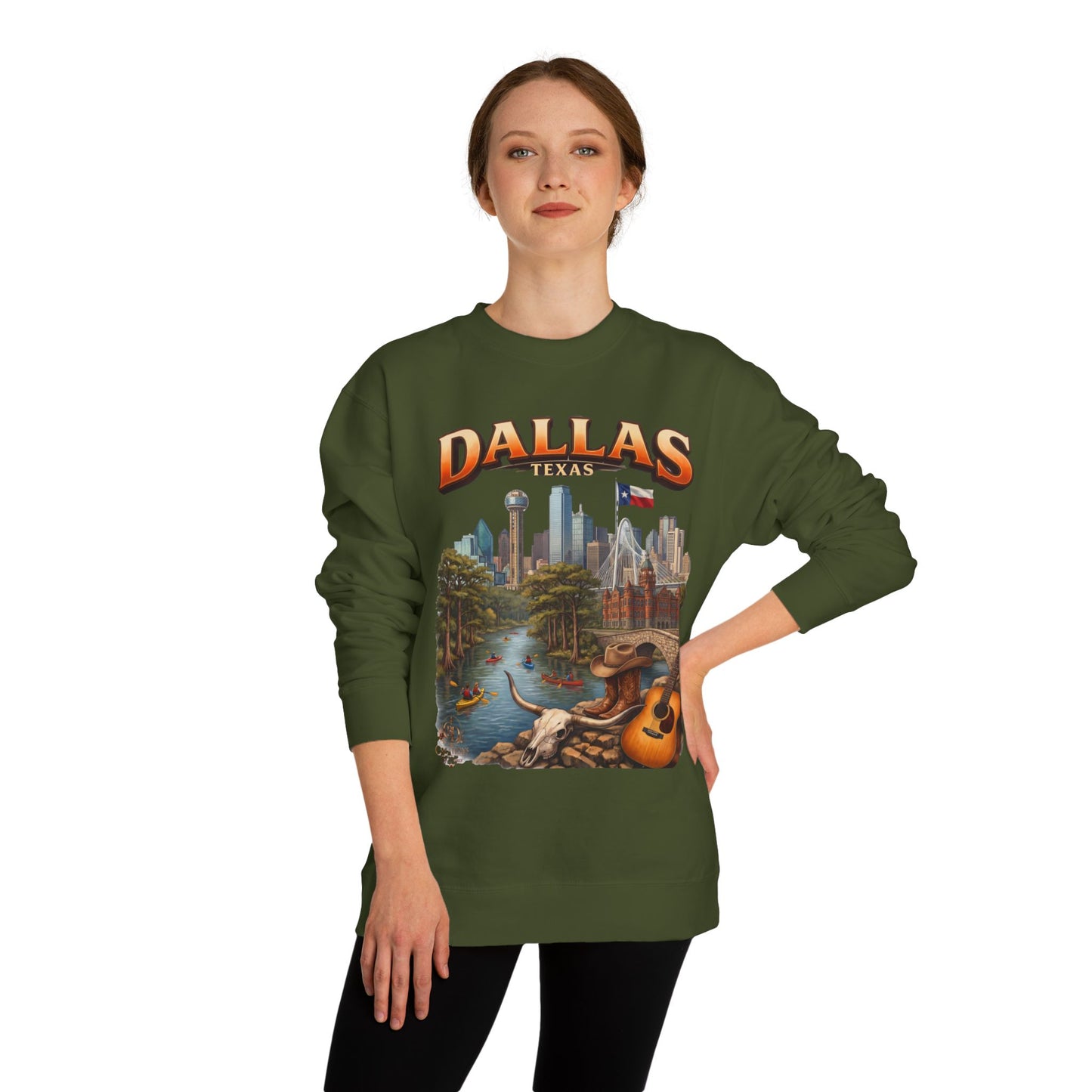 Dallas Skyline Crewneck Sweatshirt — Texas Cityscape & Acoustic Guitar Design