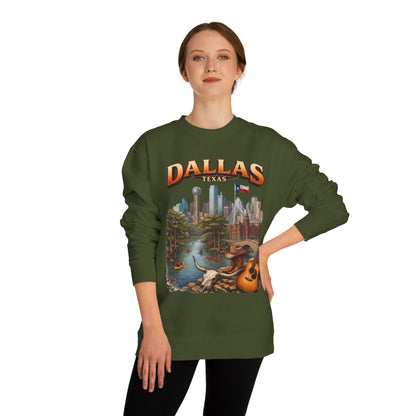 Dallas Skyline Crewneck Sweatshirt — Texas Cityscape & Acoustic Guitar Design