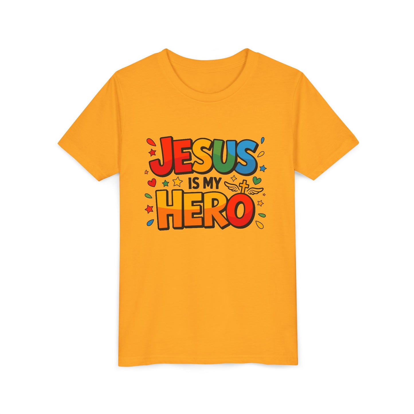 Youth Tee — "Jesus Is My Hero" Colorful Kids Christian T-Shirt