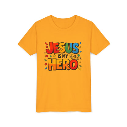 Youth Tee — "Jesus Is My Hero" Colorful Kids Christian T-Shirt