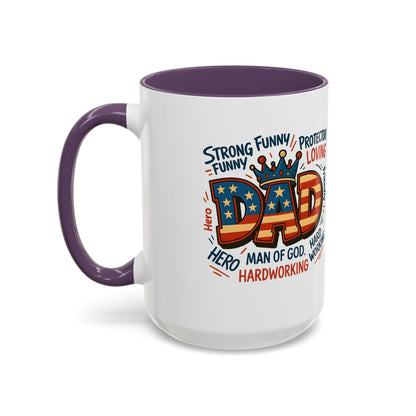 Dad Coffee Mug — Patriotic "DAD" Design with Loving, Hardworking, Protector Keywords (11/15oz Accent Mug)