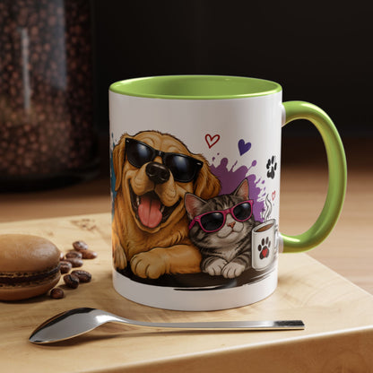 Dog and Cat Coffee Mug – "Life is Better with a Cat" Accent Ceramic Mug