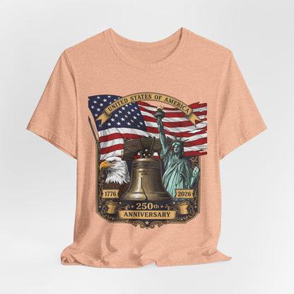 Patriotic 250th Anniversary T-Shirt - Liberty Bell, Bald Eagle & Statue of Liberty
