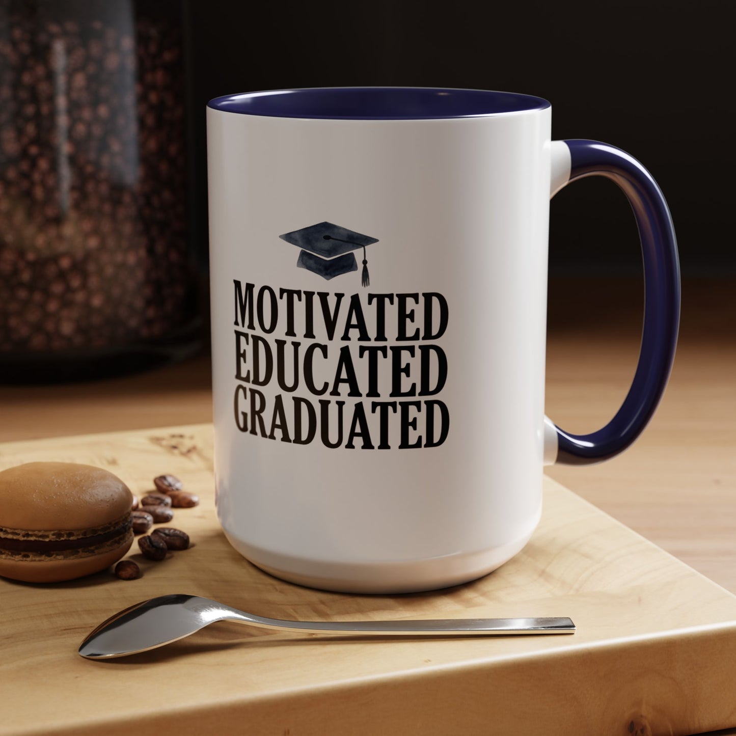 Graduation Coffee Mug – "Motivated Educated Graduated" Accent Ceramic Mug