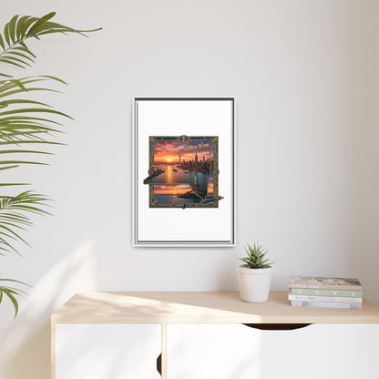 Framed Matte Canvas Wall Art — New York City Sunset Skyline with Statue of Liberty
