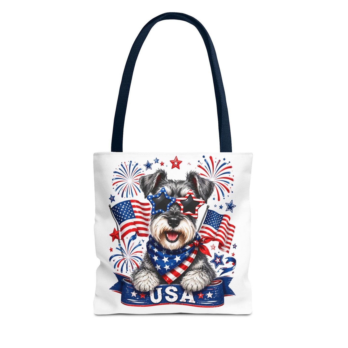Patriotic Schnauzer Tote Bag — USA Flag Fireworks All-Over Print