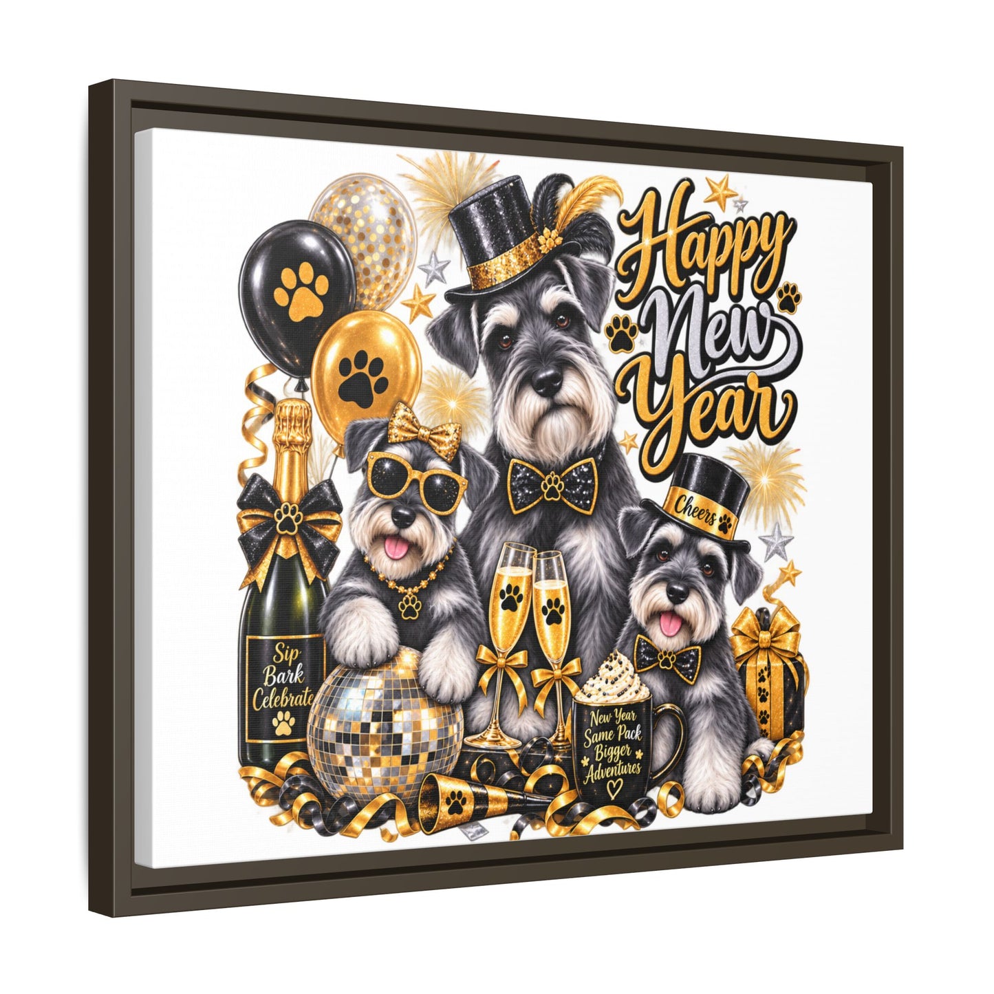 Happy New Year Schnauzer Holiday Canvas Print — Framed Matte Wall Art