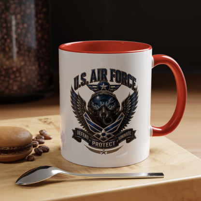 U.S. Air Force Emblem Accent Coffee Mug — Defend Protect Dominate (11/15oz)