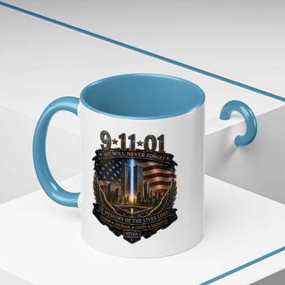 9/11 Memorial Coffee Mug — 'We Will Never Forget' Tribute Accent Mug