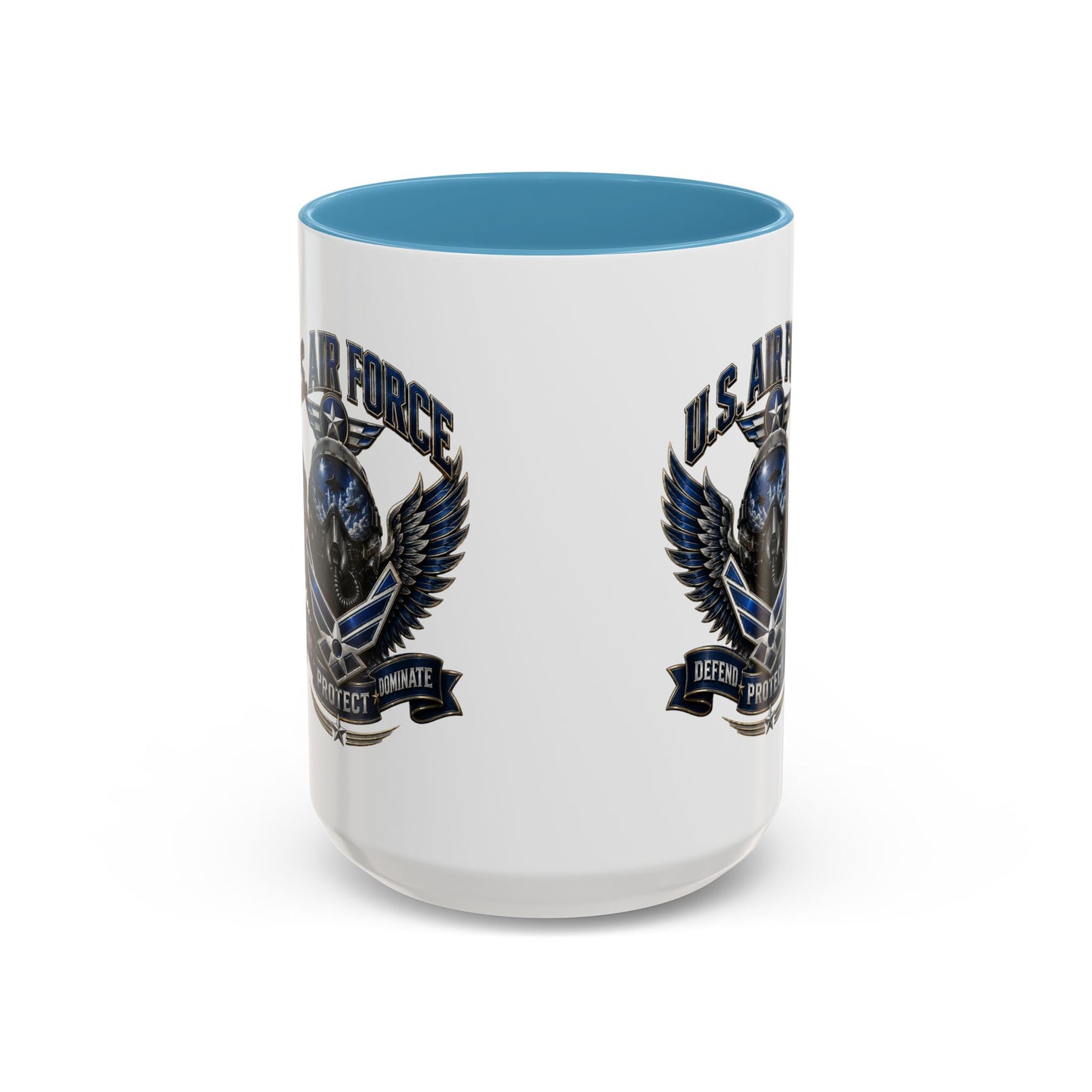 U.S. Air Force Emblem Accent Coffee Mug — Defend Protect Dominate (11/15oz)