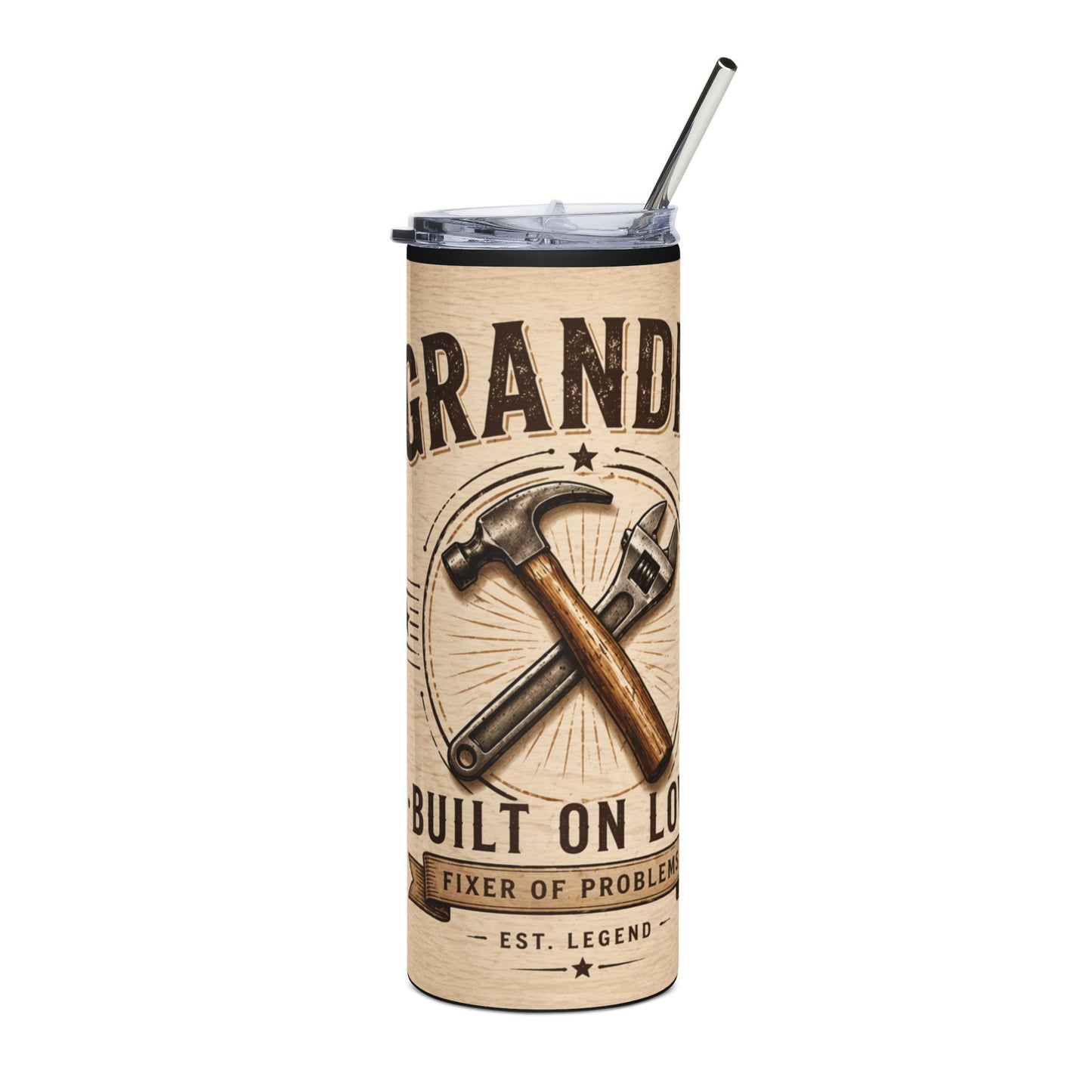 Grandpa Tumbler 20oz – 'Built on Love' Hammer & Wrench Rustic Stainless Steel Travel Cup