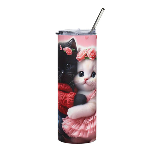 20oz Cat Couple Tumbler – Cute Kittens with Roses, Valentine Stainless Steel Travel Cup