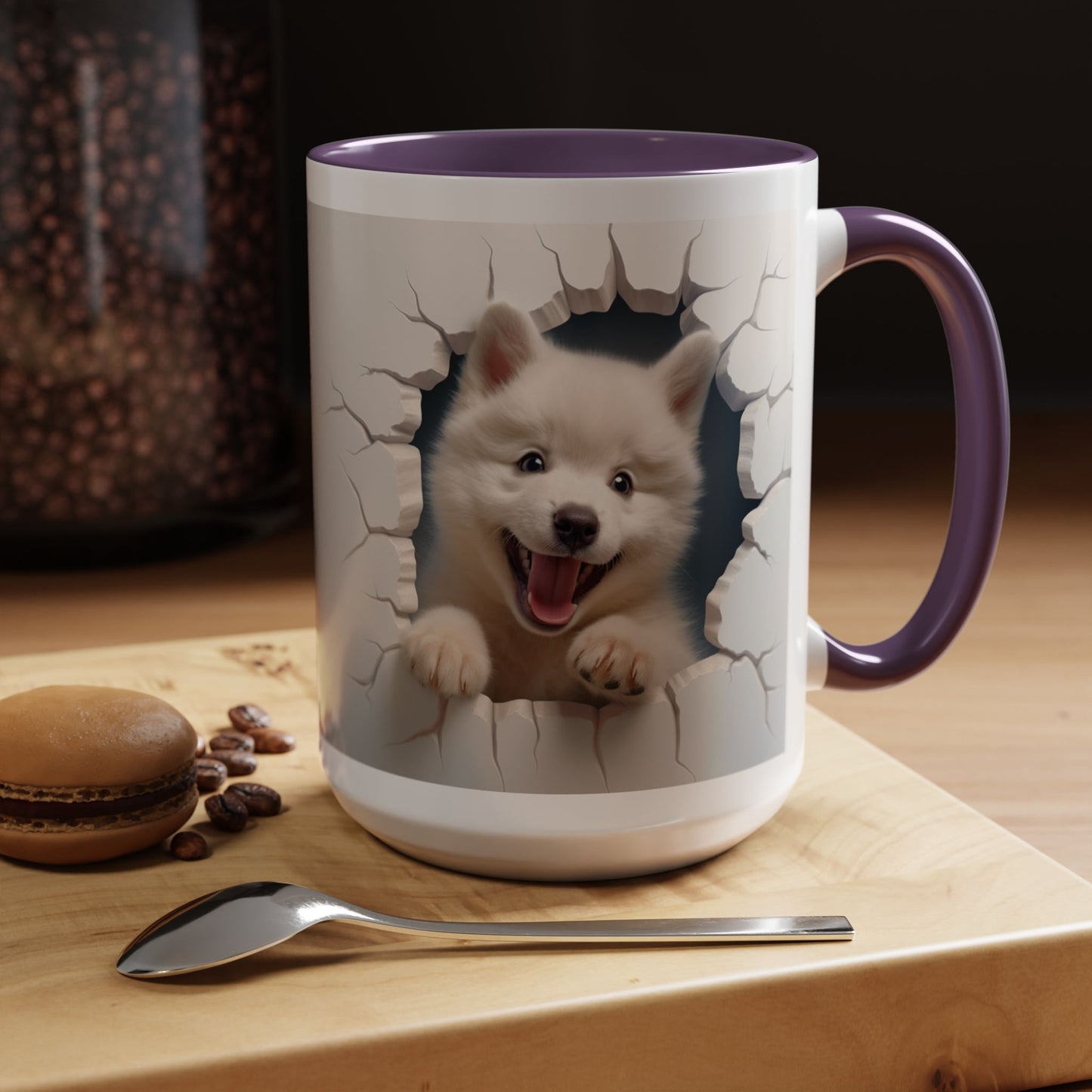 Cute Puppy Breaking Wall Accent Coffee Mug – Funny Smiling Dog Gift (11/15oz)