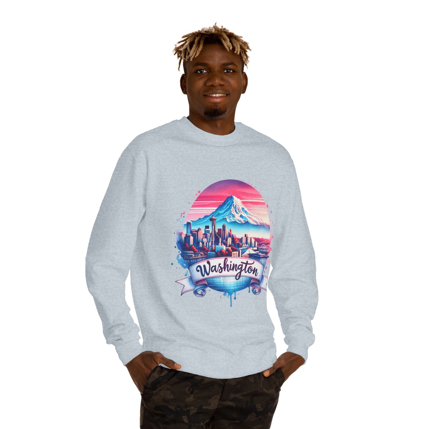 Washington Scenic Crewneck Sweatshirt — Mountain & City Skyline Design
