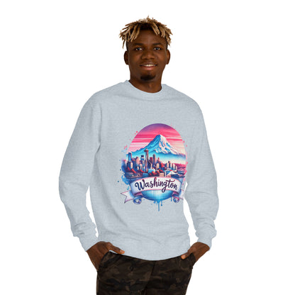 Washington Scenic Crewneck Sweatshirt — Mountain & City Skyline Design