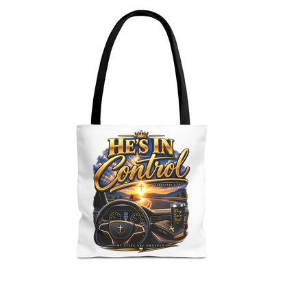 He's In Control Christian Tote Bag — Faith-Inspired Inspirational Grocery & Daily Carry AOP