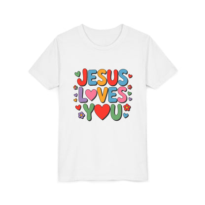 Youth Tee - "Jesus Loves You" Colorful Heart & Flower Christian Shirt