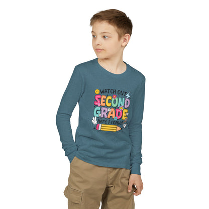 Second Grade Kids Long Sleeve Tee – “Watch Out Second Grade Here I Come!” Back-to-School Shirt