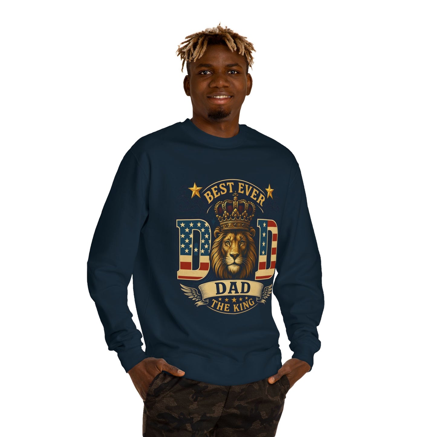 Best Ever Dad Crewneck Sweatshirt — "Dad The King" Lion Patriotic Fathers Day Gift