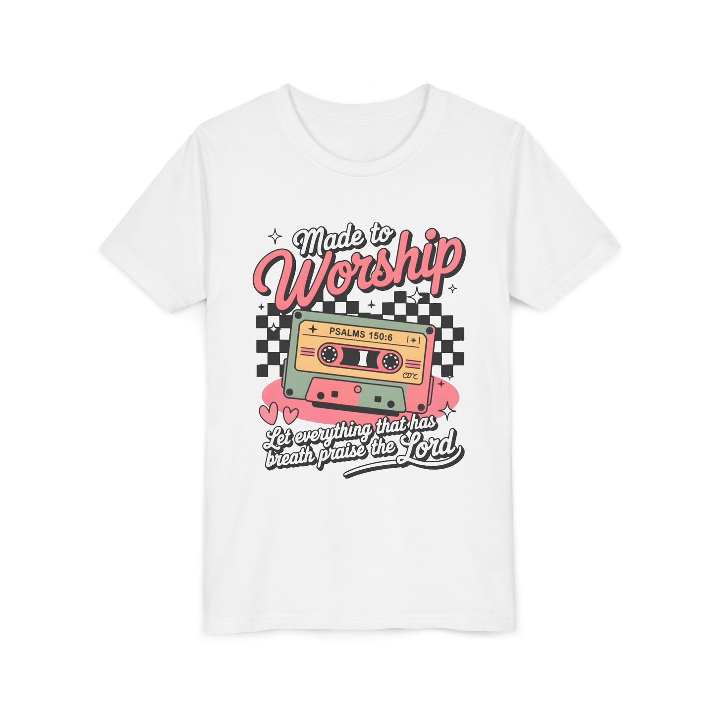 Made to Worship Youth Tee – Retro Cassette Christian Kids Shirt (Psalms 100:4)