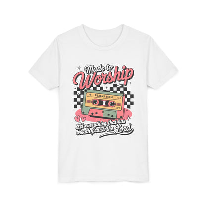 Made to Worship Youth Tee – Retro Cassette Christian Kids Shirt (Psalms 100:4)