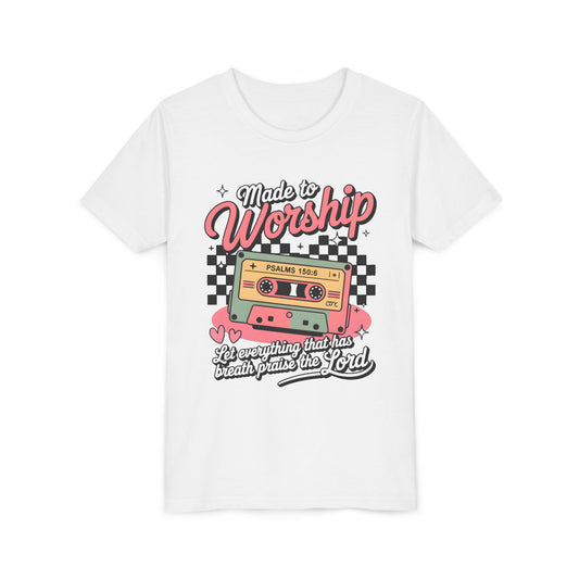 Made to Worship Youth Tee – Retro Cassette Christian Kids Shirt (Psalms 100:4)