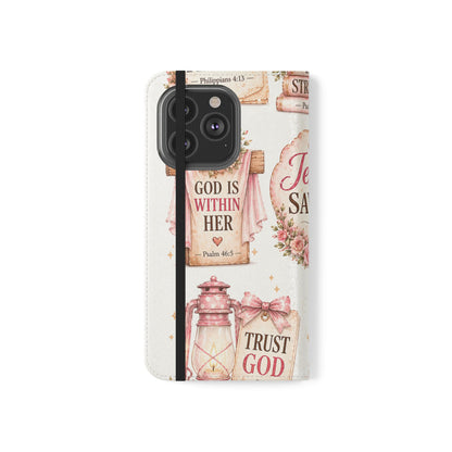 Christian Floral Phone Flip Case — "Jesus Saves" & Inspirational Scripture Wallet Cover
