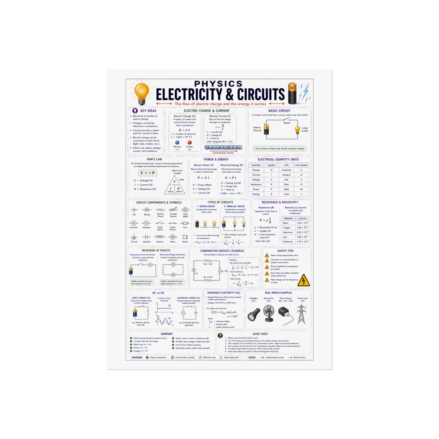 Physics Poster — Electricity & Circuits Educational Chart