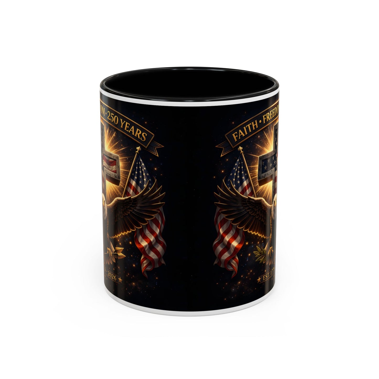 Patriotic Faith & Freedom Accent Coffee Mug — Eagle, Cross & American Flag (1776–2026)