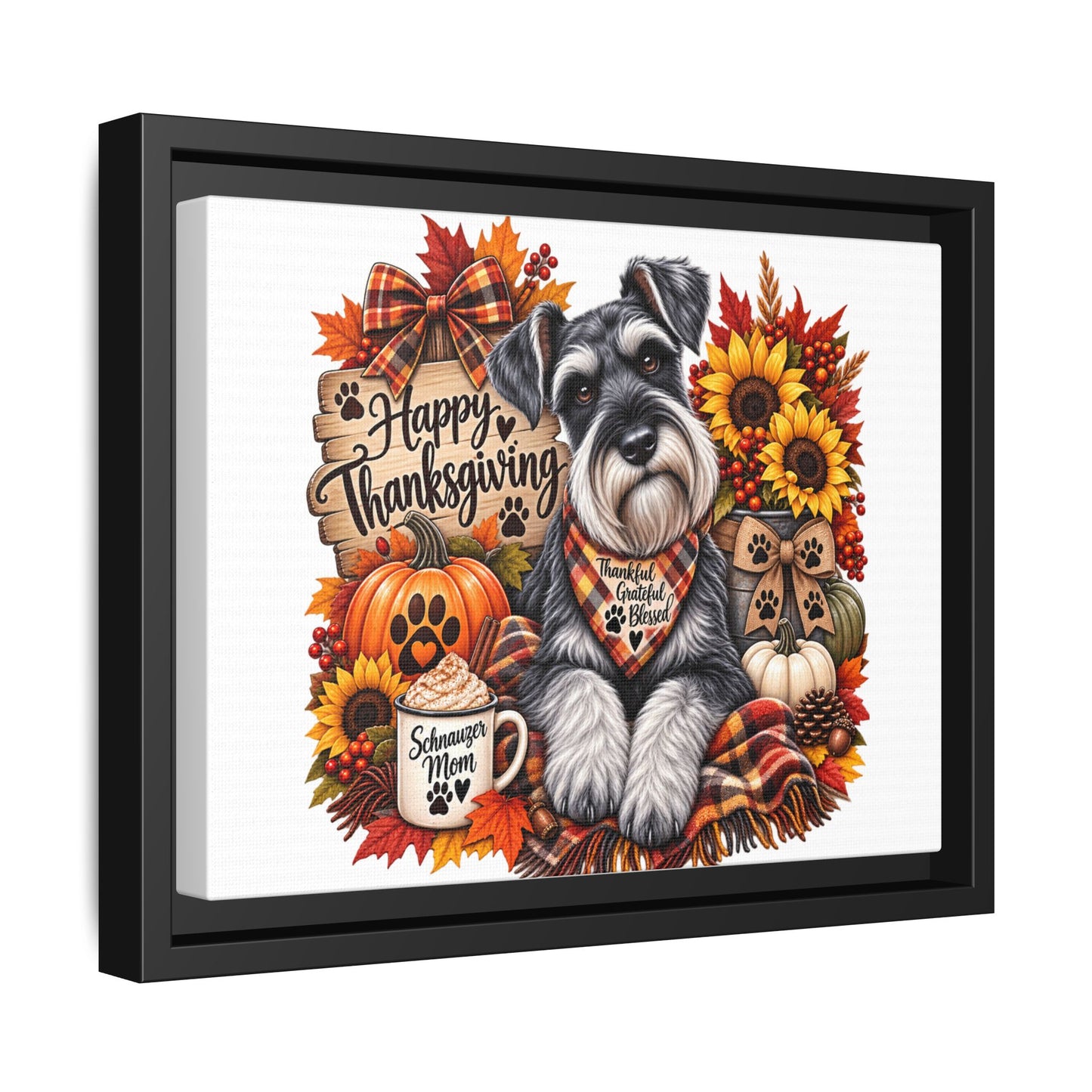 Happy Thanksgiving Schnauzer Framed Canvas — Autumn Dog Wall Art