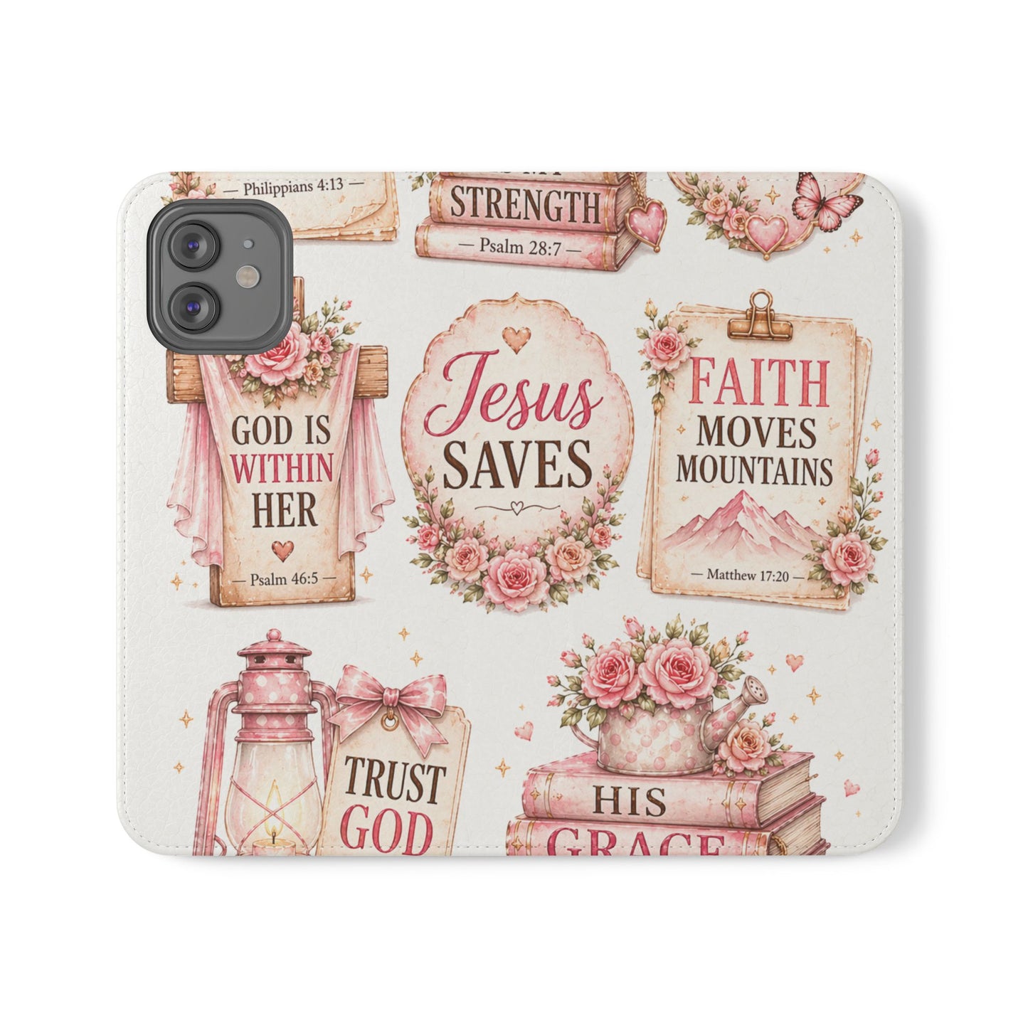 Christian Floral Phone Flip Case — "Jesus Saves" & Inspirational Scripture Wallet Cover