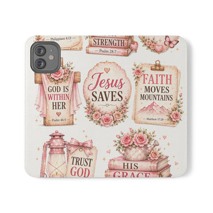 Christian Floral Phone Flip Case — "Jesus Saves" & Inspirational Scripture Wallet Cover