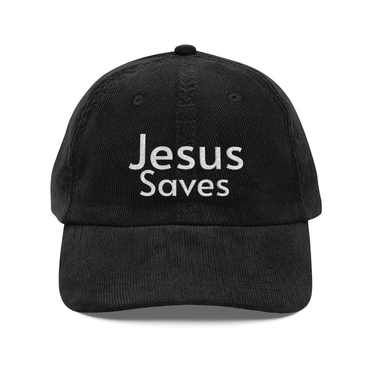 Jesus Saves Corduroy Cap — Vintage Embroidered Christian Hat