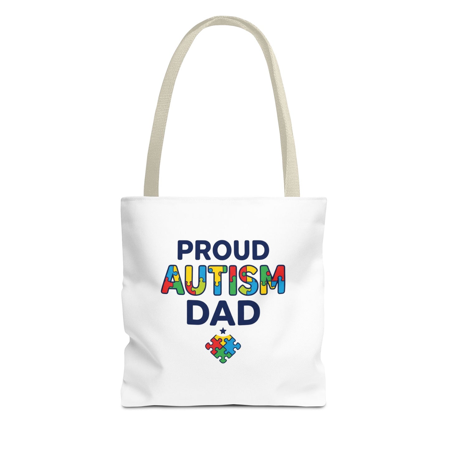 Proud Autism Dad Tote Bag — Colorful Puzzle-Heart Support Gift