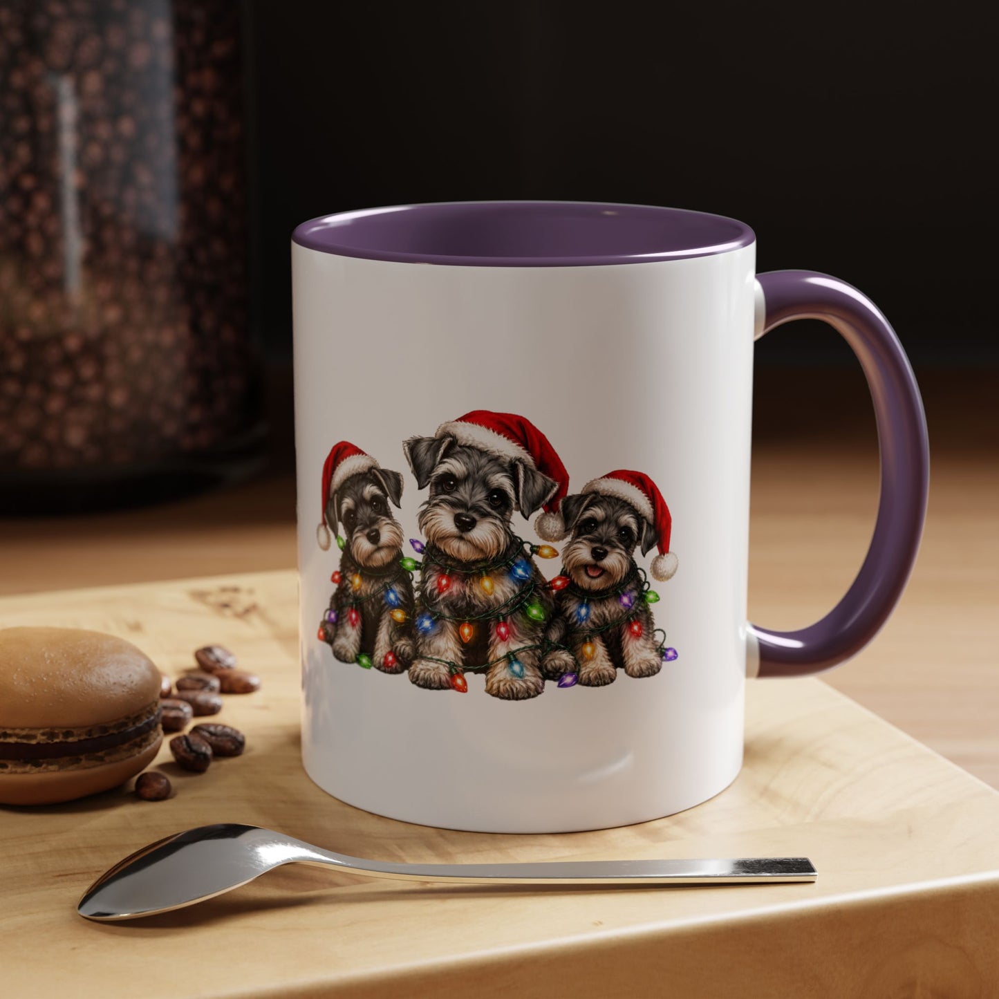 Christmas Puppy Coffee Mug — Cute Schnauzer Trio with Santa Hats & Holiday Lights (11/15oz)