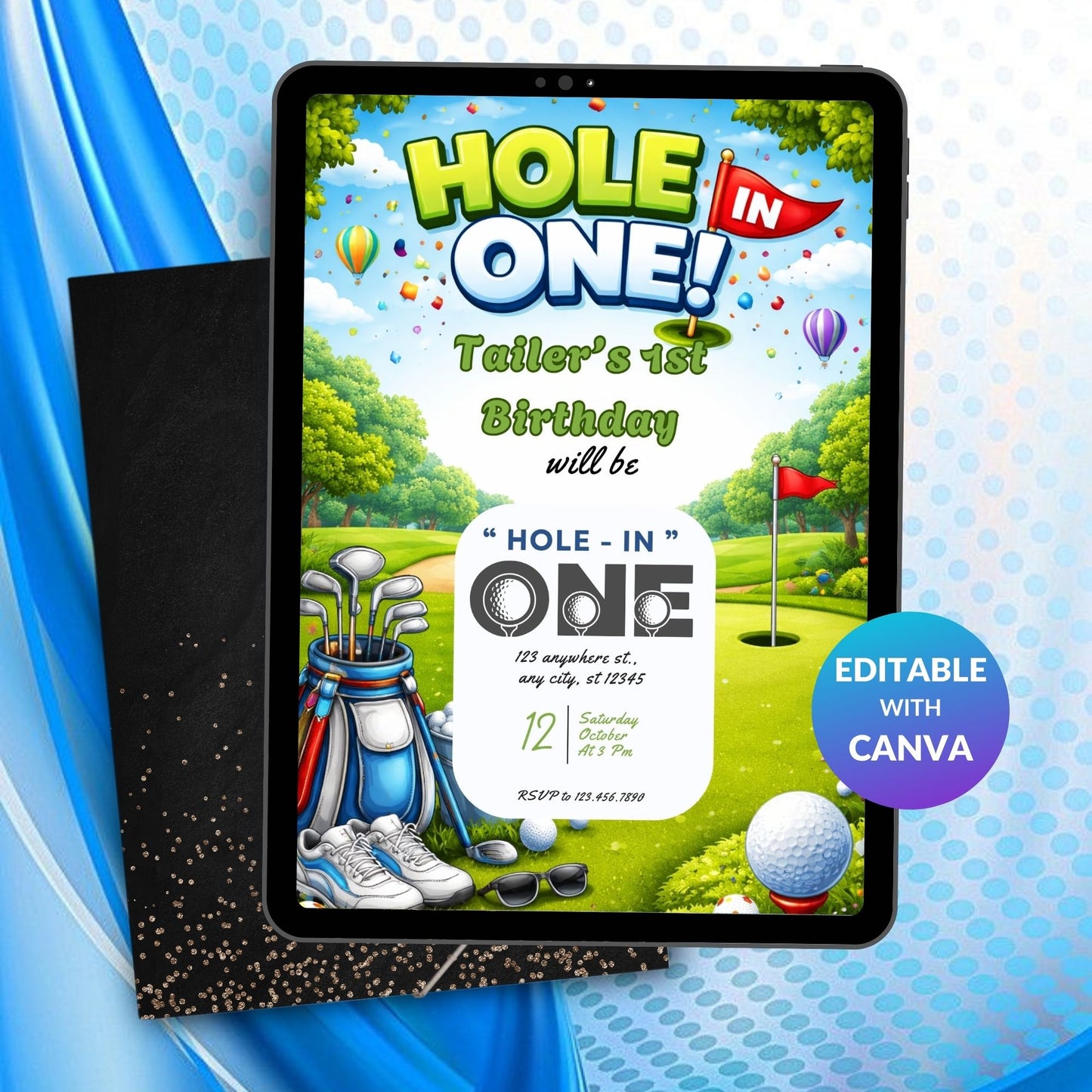 Editable Golf Hole In One Birthday Invitation Template | Golf Theme 1st Birthday Digital Invite