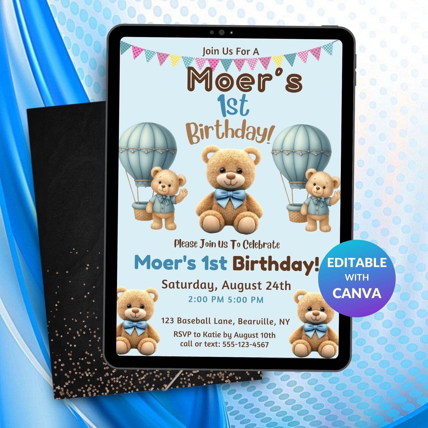 Editable Beary First Birthday Invitation Template | Teddy Bear 1st Birthday Digital Invite