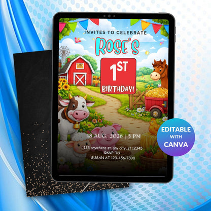 Farm Birthday Invitation Template | Editable Kids Farm Party Digital Invite