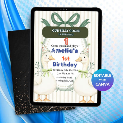 Gingham Silly Goose Birthday Invitation Template | Editable Goose Theme Digital Party Invite