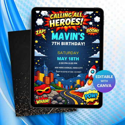 Superheroes Birthday Invitation Template | Editable Kids Hero Party Digital Invite