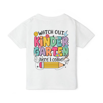 Toddler T-Shirt — "Watch Out Kindergarten Here I Come!" Back-to-School Graphic
