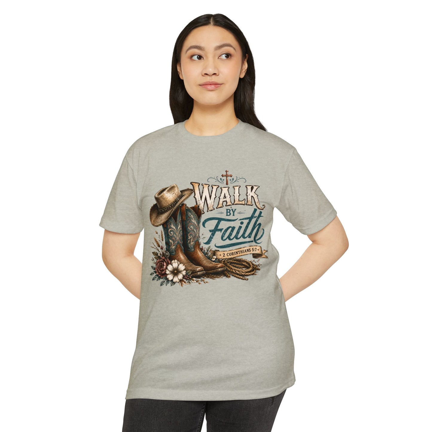 Walk By Faith T-Shirt — Christian Cowboy Boots & Hat Graphic Tee