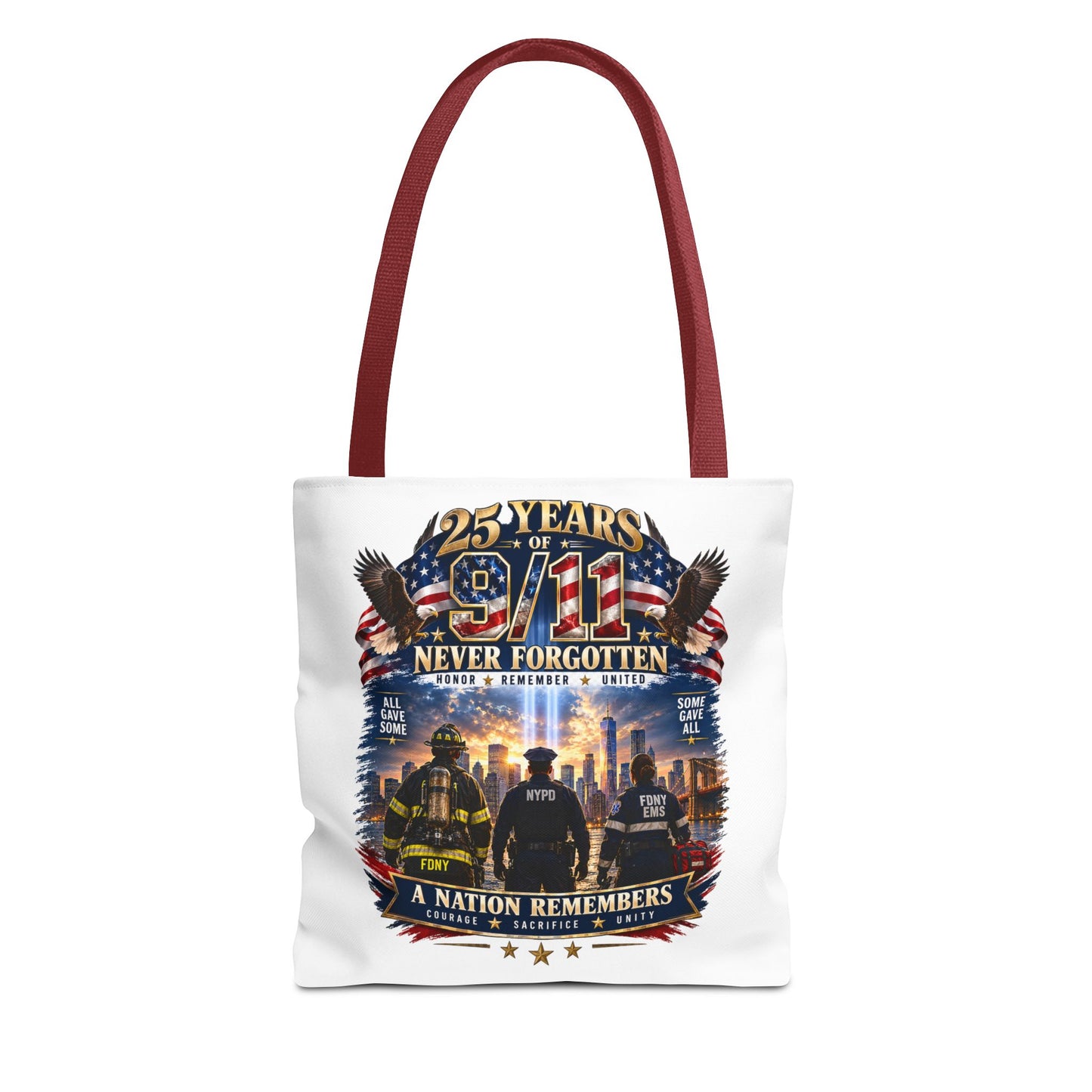 Never Forgotten 9/11 Memorial Tote Bag — 25 Years Tribute, A Nation Remembers