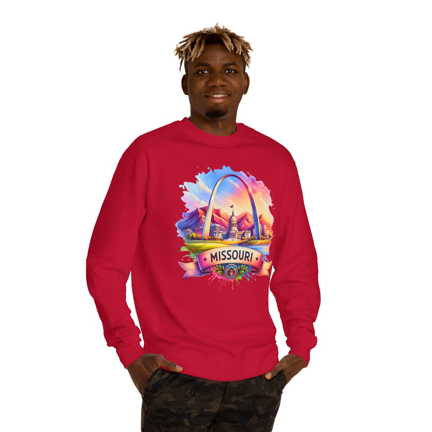 Missouri Arch Watercolor Sweatshirt — Colorful St. Louis Landmark Crewneck