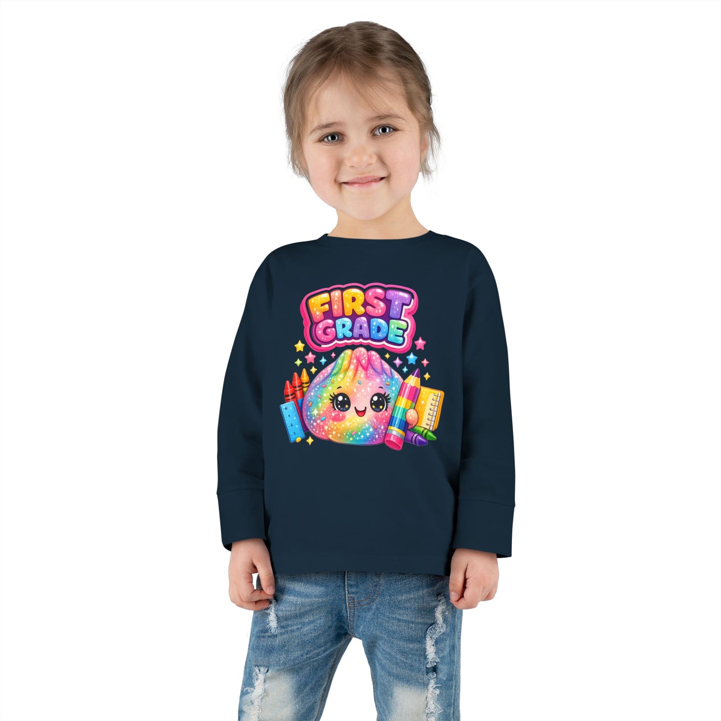 First Grade Toddler Long Sleeve Tee — Colorful Back-to-School Rainbow Crayon Design