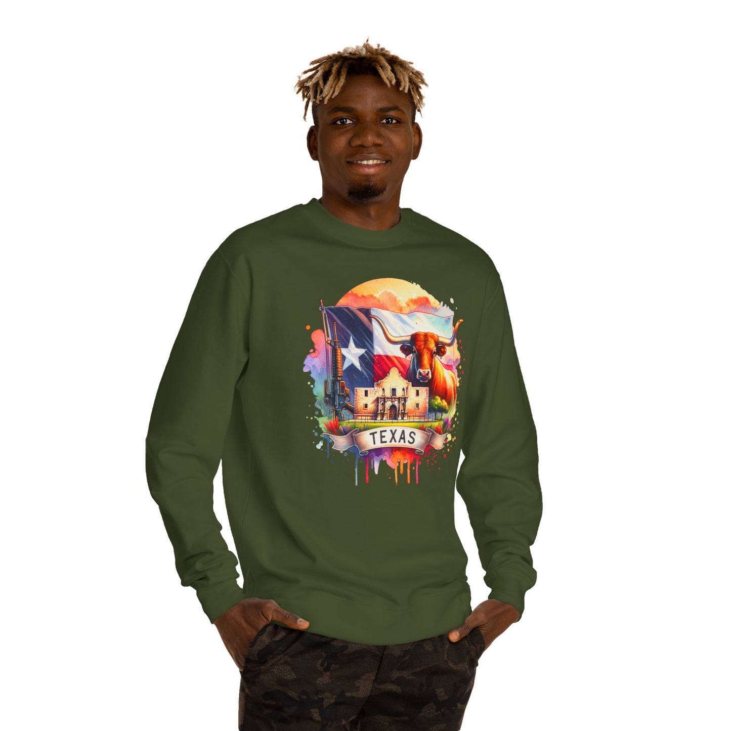 Texas Watercolor Flag Sweatshirt — Longhorn & Alamo Graphic