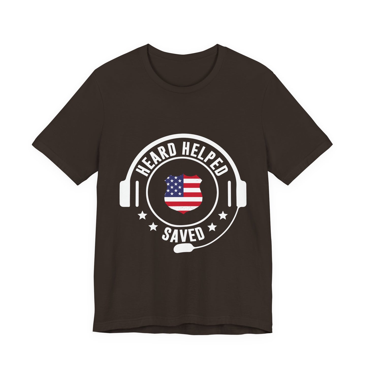 Headset Logo T-Shirt — "Heard Helped Saved" American Flag Design