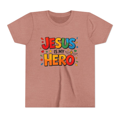 Youth Tee — "Jesus Is My Hero" Colorful Kids Christian T-Shirt